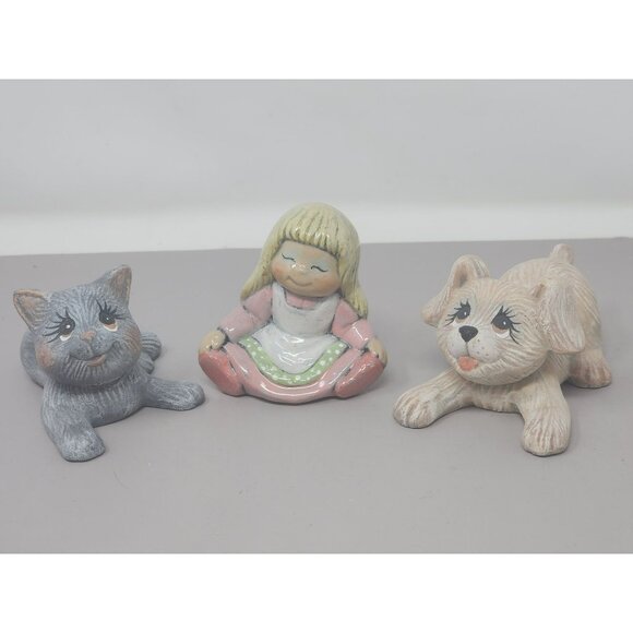 Vintage Ceramic Figurines Set Of 3: Girl With Dog & Cat Collectible Home Decor‎ - Picture 1 of 10